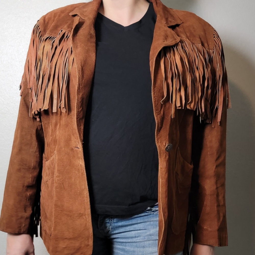 Women's Size Large Learsi Genuine Leather Brown Fringe Jacket